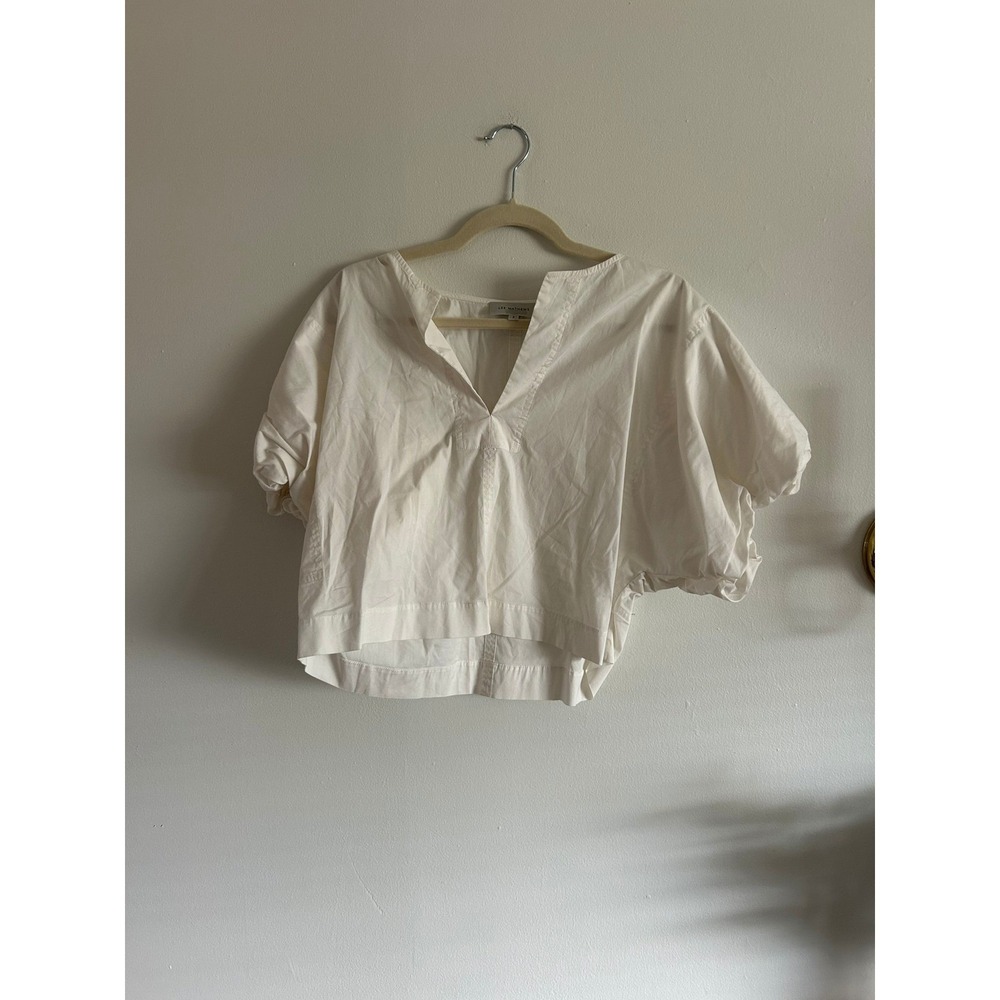 LEE MATHEWS White Cotton Puff Sleeve Mandarin Collar Pullover Top Size 2 - Picture 2 of 3